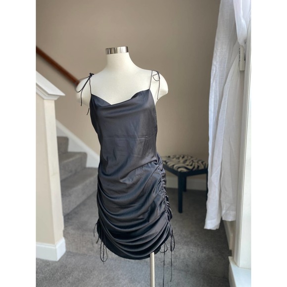 Black strappy, faux satin dress with adjustable ruched sides, size small - Picture 1 of 10